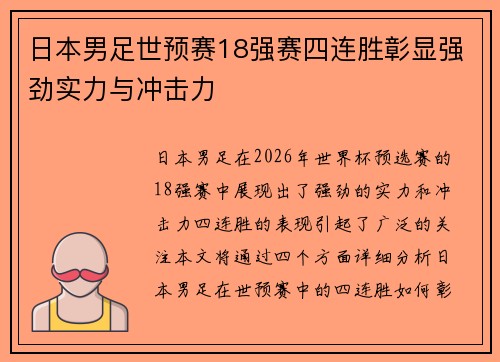日本男足世预赛18强赛四连胜彰显强劲实力与冲击力